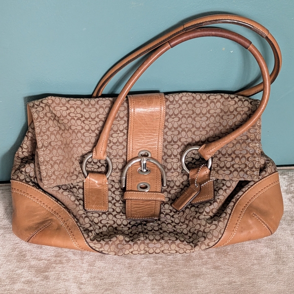 Coach Handbags - COACH Authentic Signature Flap Satchel Brown Monogram And Leather Like New